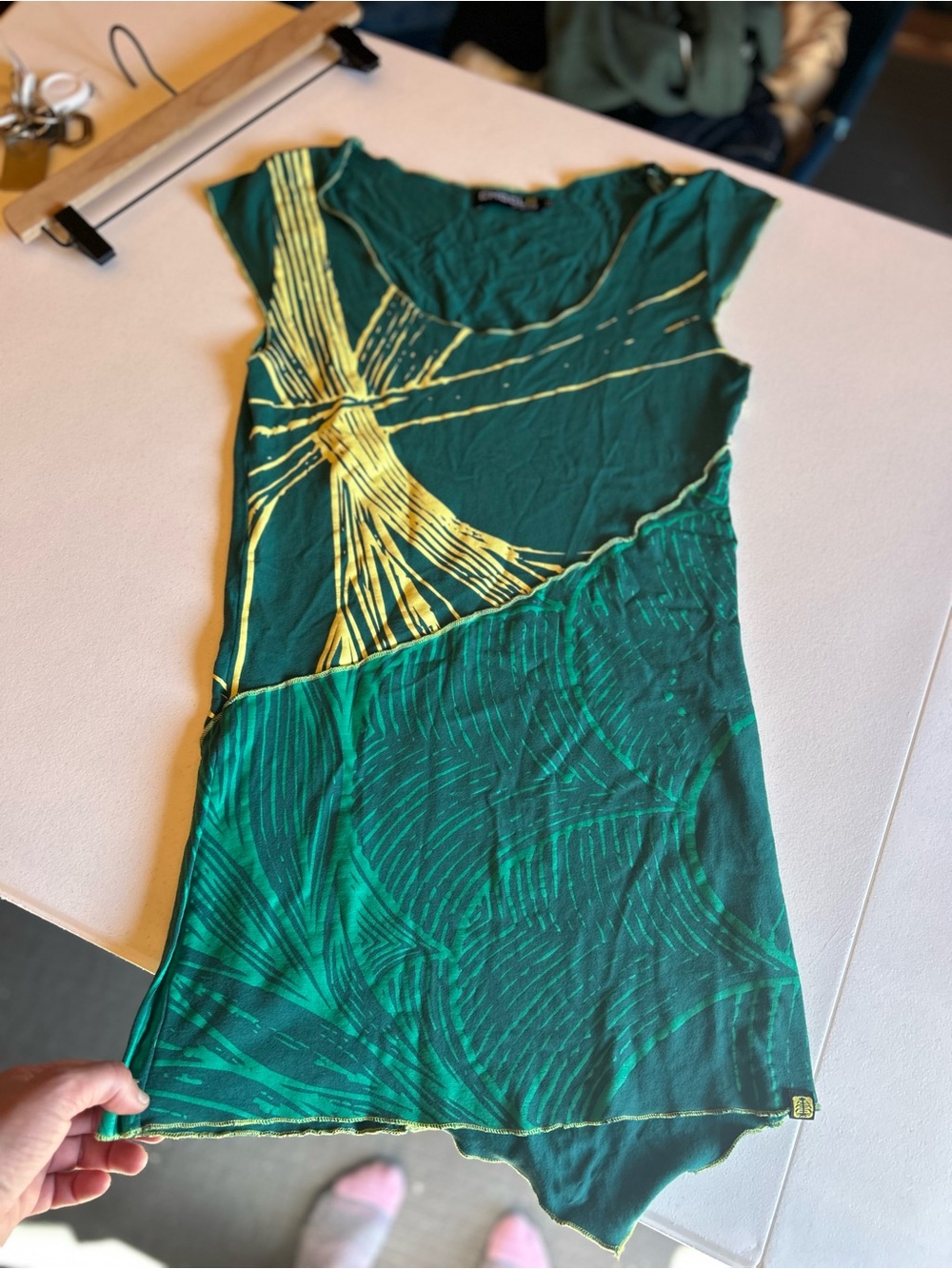 Asymmetrical Green & Yellow Graphic Cap-Sleeve Dress Bamboo natural fibers !